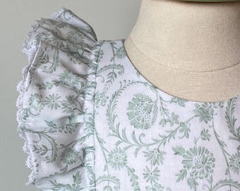 Baby Girl Cotton Dress Set in Chinoiserie Sage Green and White Fabric