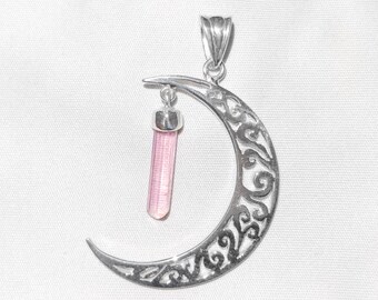 Pink Tourmaline Art Nouveau Crescent Moon Pendant