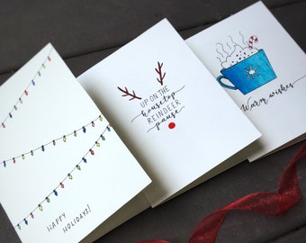 Set of 9 Holiday Cards, Handwritten, Watercolor, Cute Christmas Cards Pack, Xmas Cards, Festive Cards, Calligraphy Holiday Cards, Happy Mail