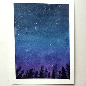 Night Sky Painting, Starry Night Decor, Watercolor Painting, Starry Night, Art Print, Galaxy Art, Galaxy Prints, Forest Painting