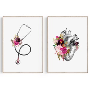 Stethoscope Art Print, Heart Anatomy Print, Psychology Art, Doctor Anatomy Art, Medical Office Decor, Nurse Gift, Floral Art, Heart Poster