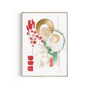 Chinese Jesus, Chinese Madonna Printable Art, Gold Line Art, Watercolor Art, Religious Print, Mother and Child, Mother Mary, Virgin Mary