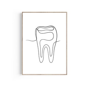 Pode incluir: Um desenho de linha preto e branco de um dente em um estilo minimalista. O dente é desenhado em uma única linha contínua.