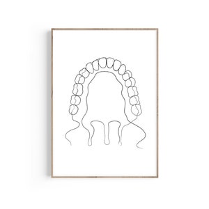 May include: A black and white line drawing of a set of teeth in a single continuous line.