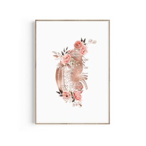 Puede incluir: Una ilustración anatómica de un riñón en oro rosa con flores y hojas rosas en acuarela.