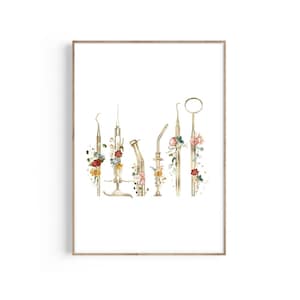 Dental Tools One Line Art, Dentist Gift, Orthodontist Dentist Office Decor, Dental Hygienist, Dental Assistant, Tooth Print, Dental Student