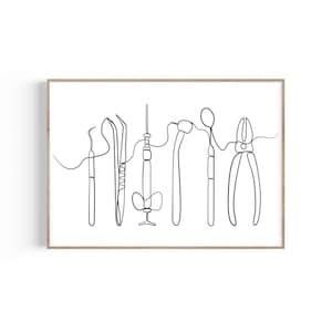 Dental Tools One Line Art, Dentist Gift, Orthodontist Dentist Office Decor, Dental Hygienist, Dental Assistant, Tooth Print, Dental Student