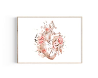 Impresión de anatomía del corazón, cartel de anatomía del corazón, arte anatómico del corazón, regalo de cardiología, regalo de estudiante de medicina, decoración del consultorio médico, estampado floral