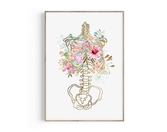 Rib Cage One Line Floral Art, Thorax Skeletal Print, Rib Cage Print, Skeleton, Thoracic Print, Doctor Office Decor, Gift For Doctor, Anatomy