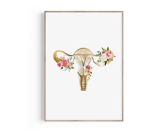 May include: A gold anatomical illustration of a female reproductive system with watercolor flowers in shades of pink, white, and green.