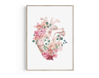 Heart Anatomy Print, Heart Anatomy Poster, Anatomical Heart Art, Cardiology Gift, Medical Student Gift, Doctor Office Decor, Floral Print