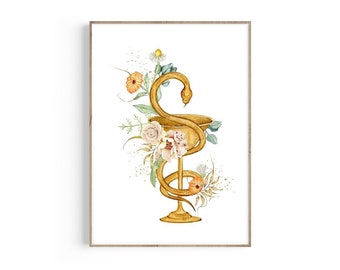 Lámina de farmacia vintage: Cuenco de Higía, arte floral de boticario (descarga digital)