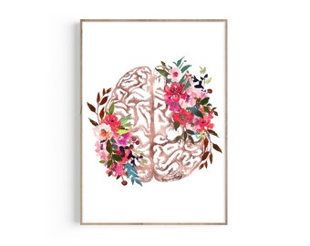 Brain Anatomy Print, Brain Anatomy Poster, Anatomical Brain Art, Psychology Gift, Medical Student Gift, Doctor Office Decor, Floral Print