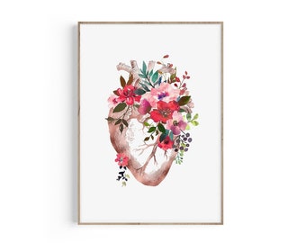 Heart Anatomy Print, Heart Anatomy Poster, Anatomical Heart Art, Cardiology Gift, Medical Student Gift, Doctor Office Decor, Floral Print