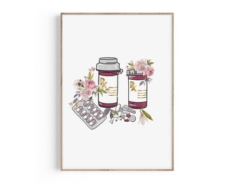 Impresión floral de farmacia: pastillas, frasco y decoración de recetas (descarga digital)