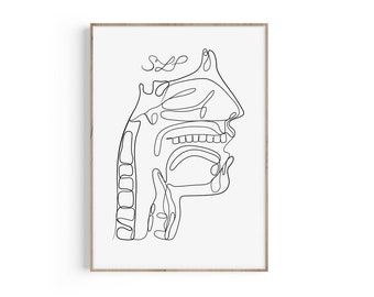 Op de afbeelding: Een ingelijste print met een minimalistische lijntekening van een menselijk hoofd- en keelprofiel. Het kunstwerk is uitgevoerd in zwarte lijnen op een witte achtergrond, met de anatomie van mond, neus en keel. De lijst is lichtbruin.