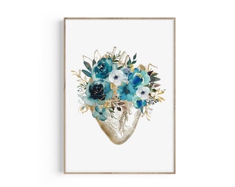Hart anatomie print, hart anatomie poster, anatomische hart kunst, cardiologie cadeau, medisch student cadeau, Doctor Office decor, bloemenprint