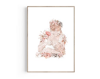 May include: A watercolor illustration of a mother breastfeeding her baby. The mother is surrounded by delicate pink flowers.