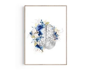 Pode incluir: Uma ilustração em aquarela de um cérebro humano cercado por flores azuis e brancas. O cérebro é retratado em cinza claro, enquanto as flores são pintadas em tons de azul e branco.
