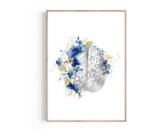 Impression d'art cerveau, art de la psychologie, art de l'anatomie du cerveau, déco de bureau de psychologie, cadeau de psychiatre, cadeau de psychologue, art floral, affiche de cerveau