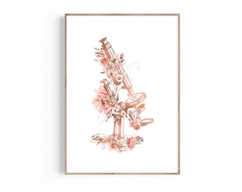 Impressão artística de microscópio floral: decoração de laboratório de ciências (download digital)