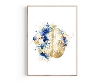 Pode incluir: Uma ilustração anatômica dourada de um cérebro cercada por flores de aquarela azuis e brancas. O cérebro é um símbolo de inteligência e conhecimento, e as flores representam beleza e crescimento. Esta impressão é perfeita para um consultório médico, uma sala de aula ou um escritório em casa.