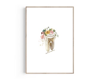 Floral Tooth Anatomy Art Print: Dentist Office Decor (Digital Download)