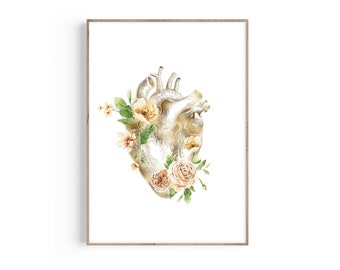 Hart anatomie print, hart anatomie poster, anatomische hart kunst, cardiologie cadeau, medisch student cadeau, Doctor Office decor, bloemenprint