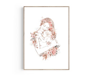 May include: A line drawing of a mother and child embracing, surrounded by delicate pink and brown floral details. The image is rendered in a minimalist style, with a soft, watercolor effect.