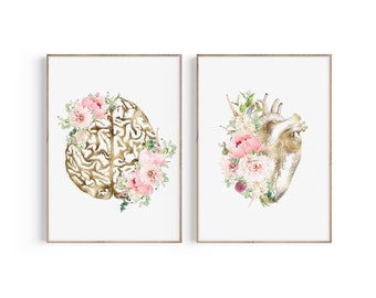 Brain Art Print, Heart Anatomy Print, Psychology Art, Brain Anatomy Art, Medical Office Decor, Nurse Gift, Floral Art, Brain Poster