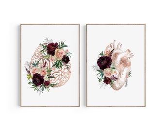 Brain Art Print, Heart Anatomy Print, Psychology Art, Brain Anatomy Art, Medical Office Decor, Nurse Gift, Floral Art, Brain Poster