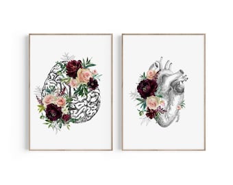 Brain Art Print, Heart Anatomy Print, Psychology Art, Brain Anatomy Art, Medical Office Decor, Nurse Gift, Floral Art, Brain Poster