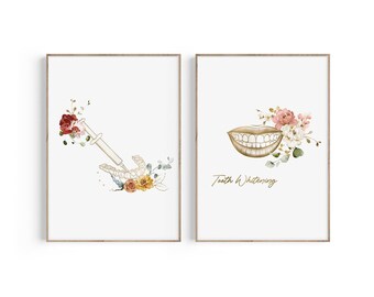 May include: Two framed prints with floral designs. The first print features a syringe and a set of teeth with a floral arrangement. The second print features a set of teeth with a floral arrangement and the text "Teeth Whitening".