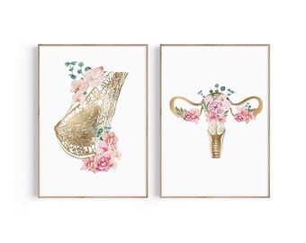 Decoración de oficina OBGYN, Arte de anatomía mamaria, Impresión de glándula mamaria, Arte floral del útero, Impresión de ginecología, Arte doula, Regalo de partera, Regalo de ginecólogo