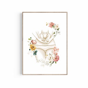 May include: A line drawing of a pregnant person holding their belly, surrounded by watercolor flowers in shades of pink, yellow, and green.