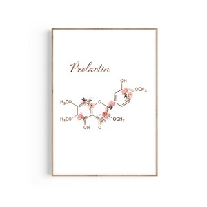 May include: A printable art print with a floral illustration of the chemical structure of prolactin. The print features a white background with a brown frame.