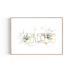 Op de afbeelding: Een digitale illustratie van drie gouden potten met groene en witte bloemmotieven. De potten zijn met goud omrand en hebben een aquareleffect.