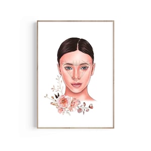 Puede incluir: Una ilustración digital de la cara de una mujer con un diseño geométrico para dar forma a las cejas. La mujer tiene el pelo castaño y los ojos marrones. Lleva un maquillaje ligero. El fondo es blanco con un diseño floral.