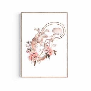 Heart Pacemaker Print, Heart Anatomy Poster, Anatomical Heart Art, Cardiology Gift, Medical Student Gift, Doctor Office Decor, Floral Print