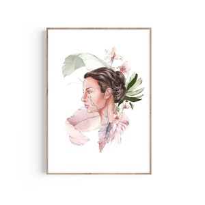 May include: A watercolor illustration of a woman's face with pink and green floral elements surrounding her. The woman's face is in profile and she has dark hair.