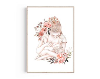 May include: A watercolor illustration of a mother breastfeeding her baby. The mother is wearing a white shirt and has a floral crown on her head. The baby is wrapped in a blanket. The background is white.