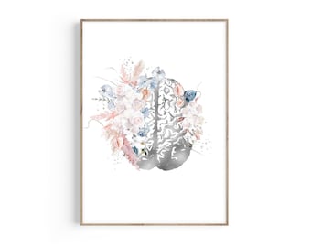 Pode incluir: Uma ilustração em aquarela de um cérebro humano cercado por flores rosa, brancas e azuis.