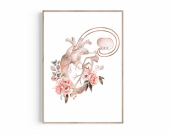 May include: Watercolor print of a human heart with a pacemaker, adorned with pink flowers and foliage. The artwork is framed in a light brown wooden frame, set against a white background. The heart is a light brown color.