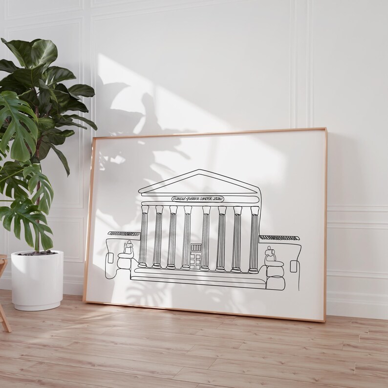 May include: A black and white line drawing of a building with columns and the text "Supreme Court of the United States" above the entrance.