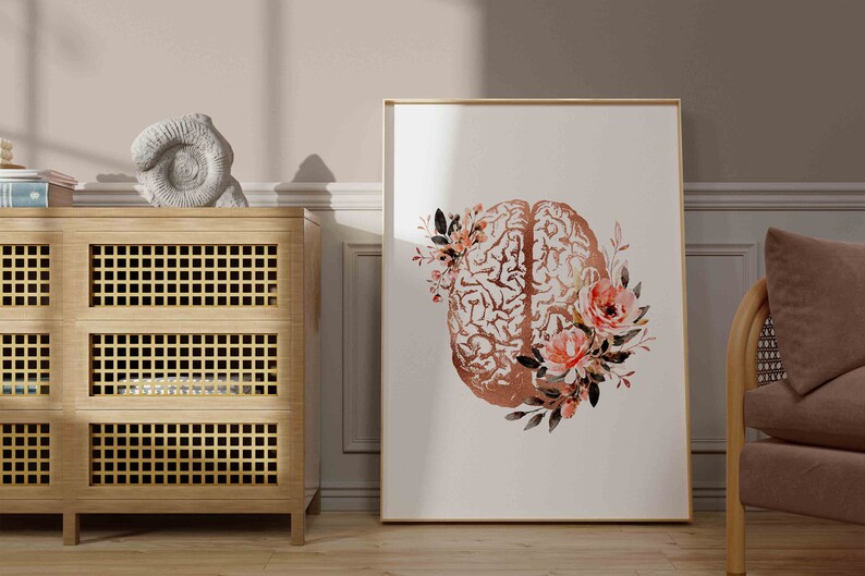 Brain Art Print, Psychology Art, Brain Anatomy Art, Psychology Office Decor, Psychiatrist Gift, Psychologist Gift, Floral Art, Brain Poster image 6