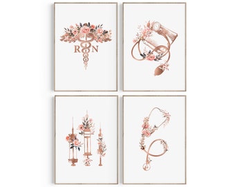 May include: Set of four printable wall art prints featuring rose gold medical illustrations with floral accents. The prints include a stethoscope, a medical syringe, a blood pressure cuff, and the caduceus symbol with the letters "RN".