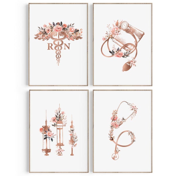 Floral Nurse Art Prints: Stethoscope, Syringe, RN Gift (Digital Download)