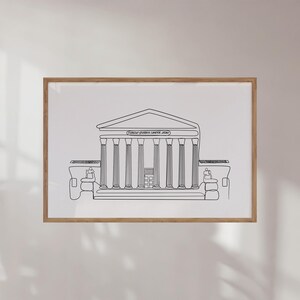 May include: A black and white line drawing of the Supreme Court building. The building has a large, rectangular facade with a row of columns across the front. The text "Supreme Court of the United States" is written above the columns.