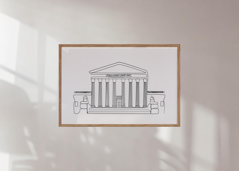May include: A black and white line drawing of the Supreme Court building. The building has a large, rectangular facade with a row of columns across the front. The text "Supreme Court of the United States" is written above the columns.