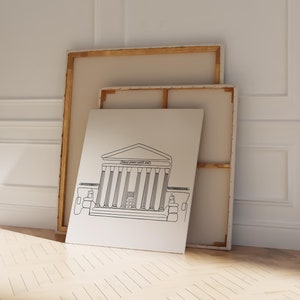 May include: A black and white line drawing of the Supreme Court building on a white canvas with a wooden frame.